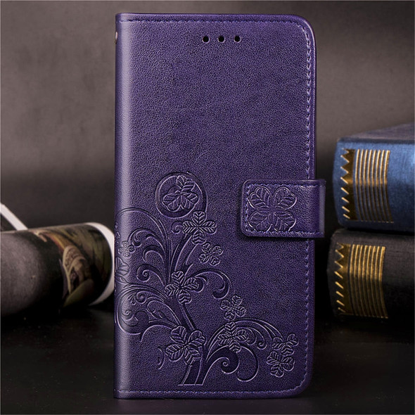 Four-leaf Clasp Embossed Buckle Mobile Phone Protection Leather Case with Lanyard & Card Slot & Wallet & Bracket Function for iPhone 11(Purple)