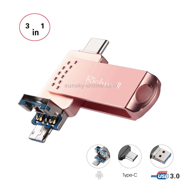 Richwell 3 in 1 32G Type-C + Micro USB + USB 3.0 Metal Flash Disk with OTG Function(Rose Gold)