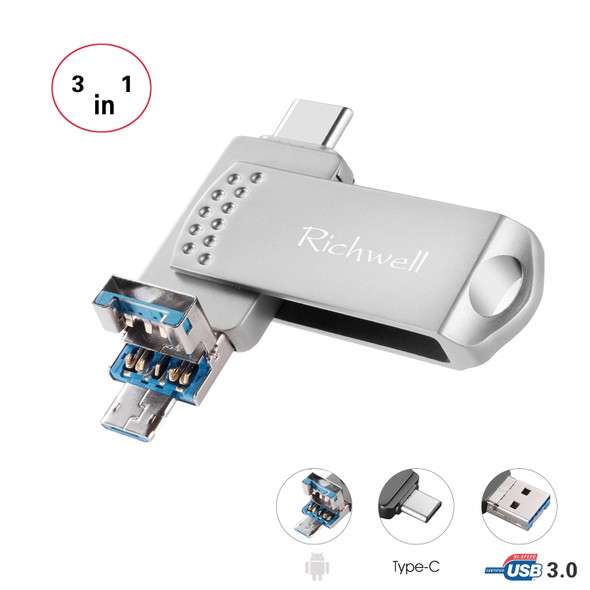 Richwell 3 in 1 128G Type-C + Micro USB + USB 3.0 Metal Flash Disk with OTG Function(Silver)