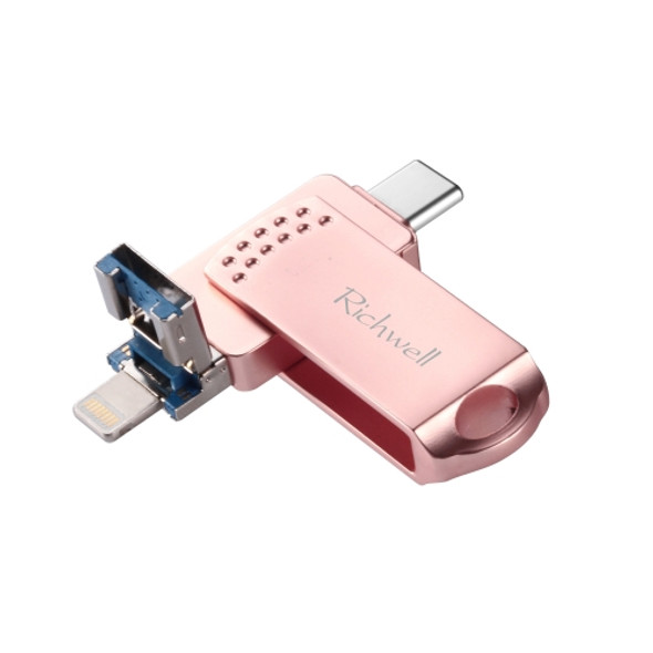 Richwell 16G Type-C + 8 Pin + USB 3.0 Metal Push-pull Flash Disk with OTG Function(Rose Gold)