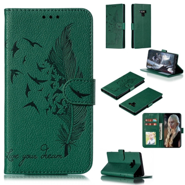 Feather Pattern Litchi Texture Horizontal Flip Leather Case with Wallet & Holder & Card Slots For Galaxy Note9(Green)