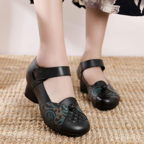 Women Shoes Leather Square Heel Shoes, Size:34(Black)