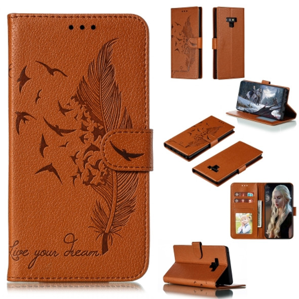 Feather Pattern Litchi Texture Horizontal Flip Leather Case with Wallet & Holder & Card Slots For Galaxy Note9(Brown)