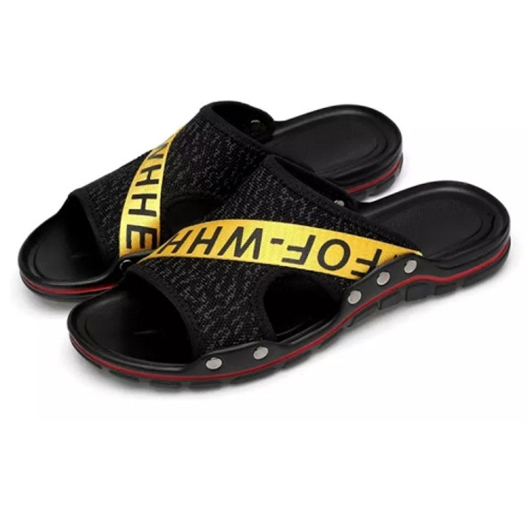 Flying Weaving Comfortable and Breathable Ultra-light Casual Slippers for Men (Color:Black Yellow Size:39)