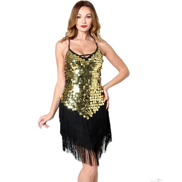 Women Tassel Sequined Low-Sleeve Sleeveless Dress (Color:Black Gold Size:One Size)