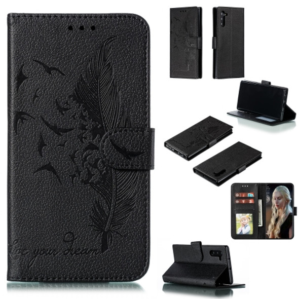 Feather Pattern Litchi Texture Horizontal Flip Leather Case with Wallet & Holder & Card Slots For Galaxy Note 10(Black)