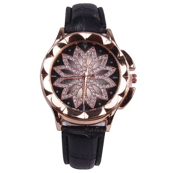 MOK Casual Lotus Pattern Dial Leather Strap Quartz Watch(Black)