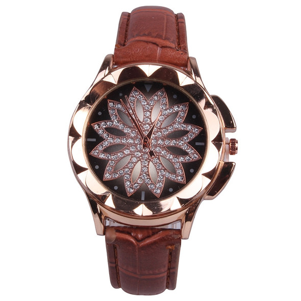 MOK Casual Lotus Pattern Dial Leather Strap Quartz Watch(Coffee)