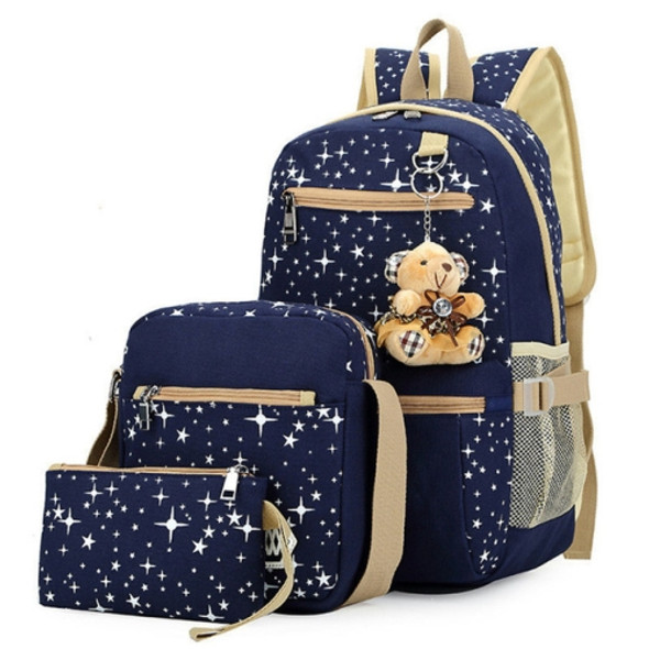Fashionable Canvas Star Printing Backpacks with Bear Pendant Travel Bag Rucksacks, 3 PCS / Set(Dark Blue)
