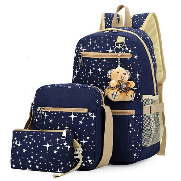 Fashionable Canvas Star Printing Backpacks with Bear Pendant Travel Bag Rucksacks, 3 PCS / Set(Dark Blue)