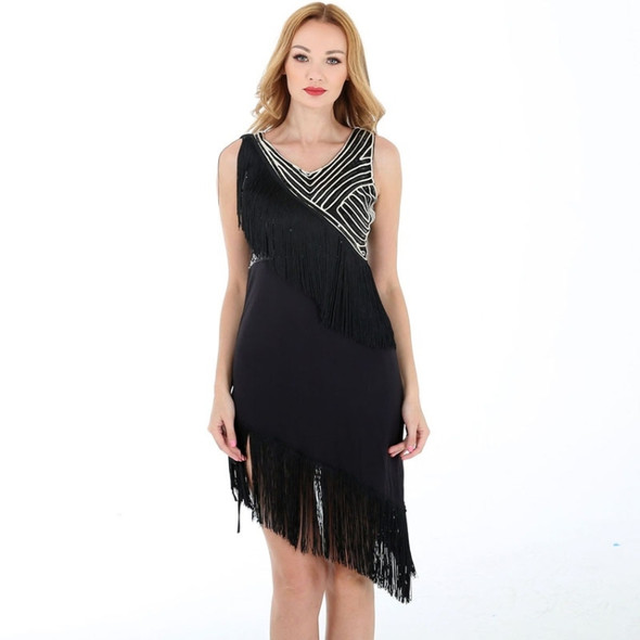 Women Tassel Latin Dance Dress (Color:Black Size:M)