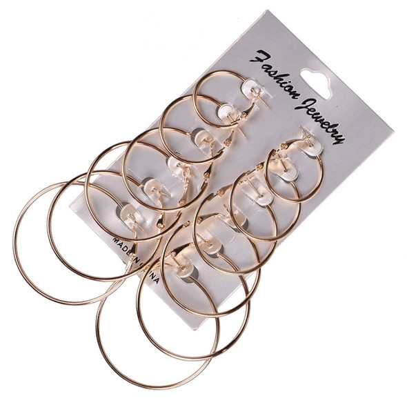 6 Pairs/Set Women Steampunk Fashion Circle Hoop Earrings(Glod)