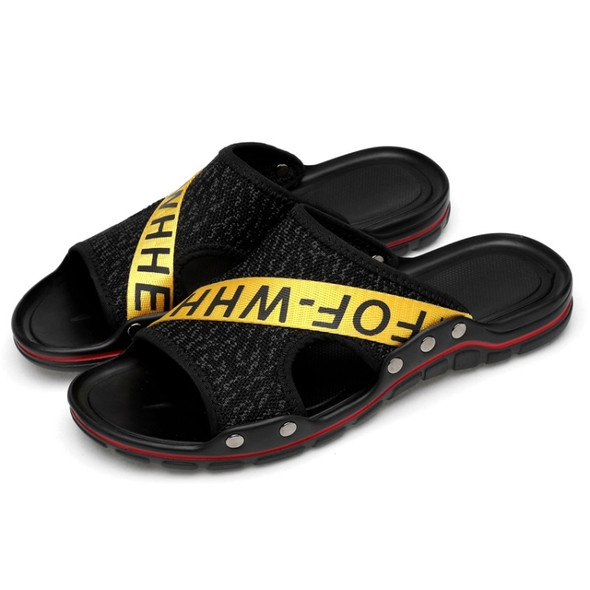 Flying Weaving Comfortable and Breathable Ultra-light Casual Slippers for Men (Color:Black Yellow Size:46)