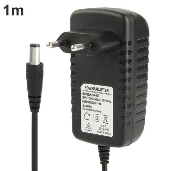 High Quality EU Plug AC 100-240V to DC 12V 2A Power Adapter, Tips: 5.5 x 2.1mm, Cable Length: 1m(Black)