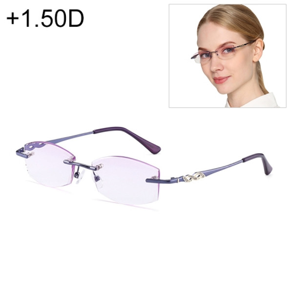 Women Rimless Rhinestone Trimmed Purple Presbyopic Glasses, +1.50D