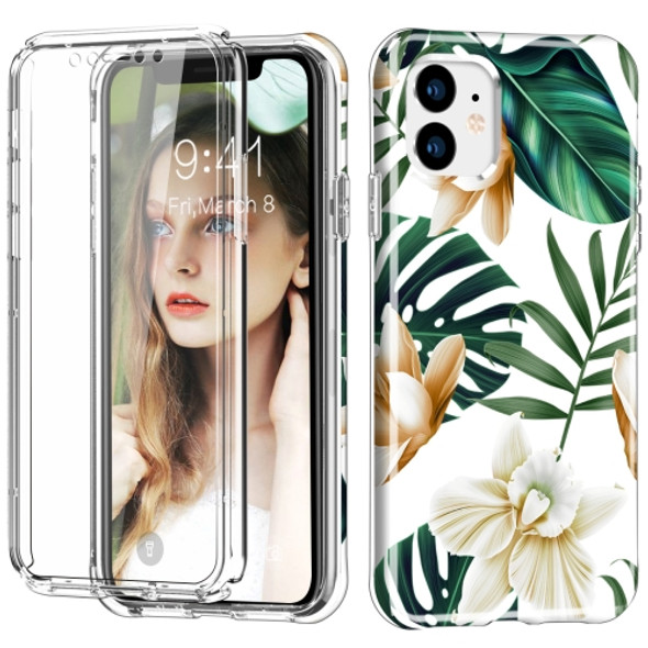 For iPhone 11 Shockproof PC+TPU Back Protective Case + Front PET Screen Protector(White Flower)