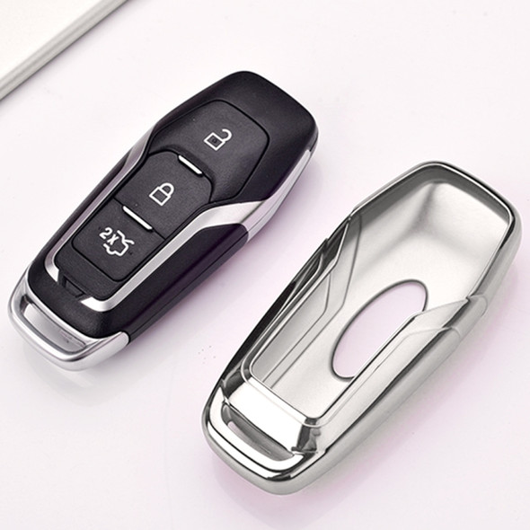Electroplating TPU Single-shell Car Key Case with Key Ring for Ford FOCUS / Edge / Mondeo / EcoSport / ESCORT (Silver)