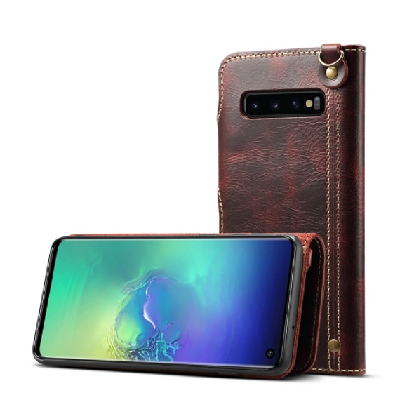 For Galaxy S10e Denior Oil Wax Cowhide Magnetic Button Horizontal Flip Leather Case with Card Slots & Wallet(Dark Red)