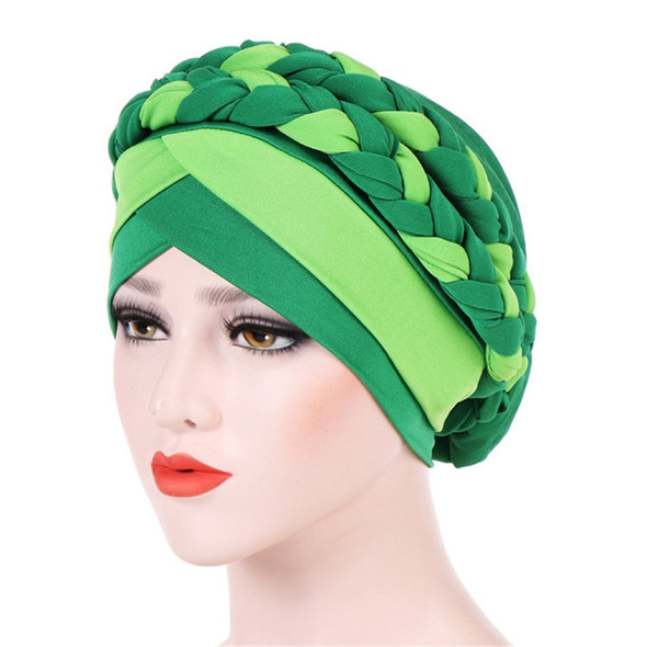 Two-color Braided Milk Silk Turban Cap, Size:M?56-58cm?(Dark Green + Light Green)