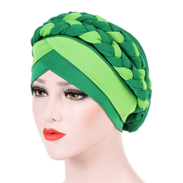 Two-color Braided Milk Silk Turban Cap, Size:M?56-58cm?(Dark Green + Light Green)