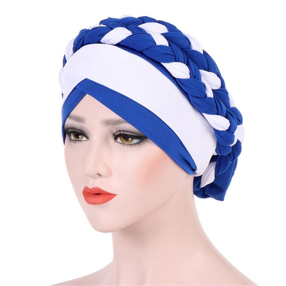Two-color Braided Milk Silk Turban Cap, Size:M?56-58cm?(Royal Blue + White)