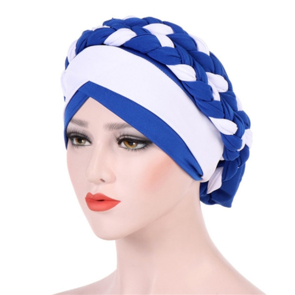 Two-color Braided Milk Silk Turban Cap, Size:M?56-58cm?(Royal Blue + White)