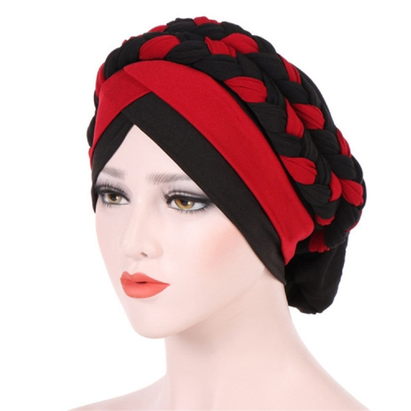 Two-color Braided Milk Silk Turban Cap, Size:M?56-58cm?(Black Hat Wine Red)