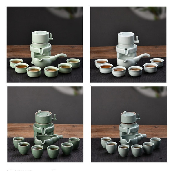 Retro Stone Grinding Creative Lazy Kung Fu Tea Ceramic Semi-automatic Teaware Set Business Gift Box(Celadon Blue)