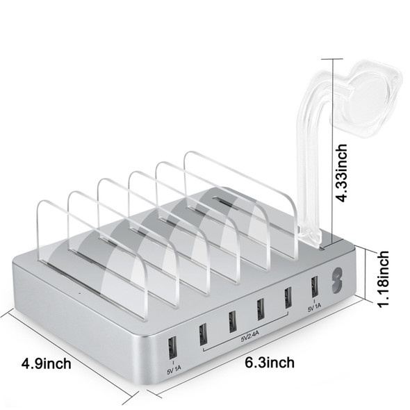 Multi-function DC5V/10A (Max) Output 6 Ports USB Detachable Charging Station Smart Charger, For iPad, Tablets, iPhone, Galaxy, Huawei, Xiaomi, LG, HTC and Other Smart Phones, Rechargeable Devices(Silver)