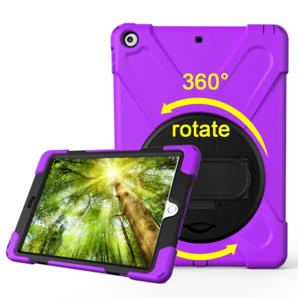 For iPad 9.7 (2018) & iPad 9.7 (2017) 360 Degree Rotation PC + Silicone Protective Case with Holder & Hand-strap(Purple)