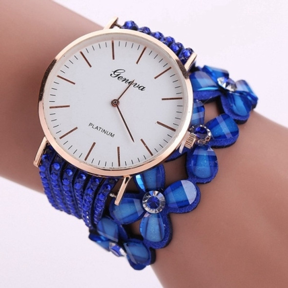 Women Round Dial Flower Diamond Studs Bracelet Watch(Blue)
