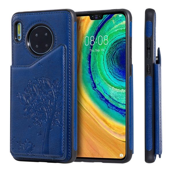 For Huawei Mate 30 Cat Tree Embossing Pattern Shockproof Protective Case with Card Slots & Photo Frame(Blue)