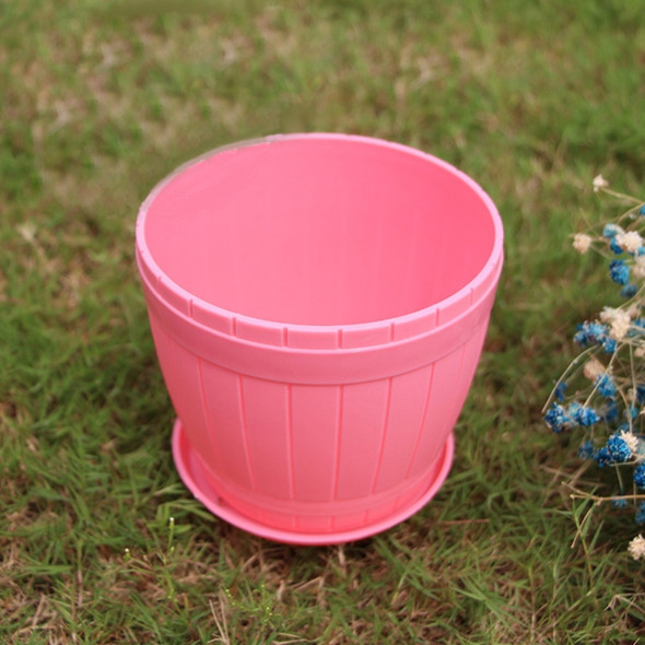 10 PCS Imitation Wooden Barrel Plastic Resin Flower Pot with Tray, Top Diameter: 16cm, Height: 13.5cm(Pink)