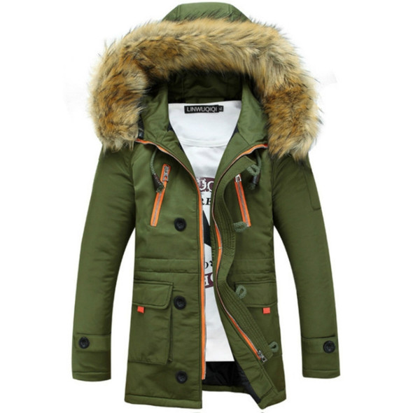 Long Section Cotton Suit Men Plus Velvet Thick Warm Jacket Large Fur Collar Coat Lovers Jacket, Size:L(Army Green)