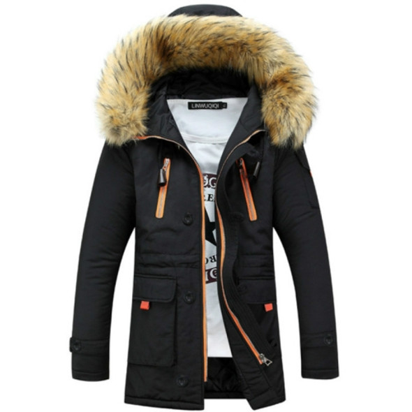 Long Section Cotton Suit Men Plus Velvet Thick Warm Jacket Large Fur Collar Coat Lovers Jacket, Size:XL(Black)