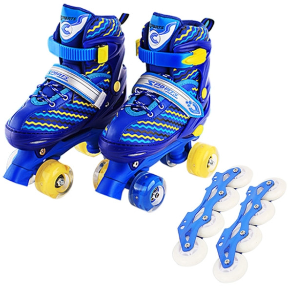 Children Full-flash White Double-row Roller Skates Skating Shoes, Straight Row+Double Row Wheel, Size : S(Blue)
