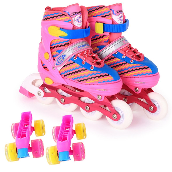 Children Full-flash White Double-row Roller Skates Skating Shoes, Straight Row+Double Row Wheel, Size : L(Pink)