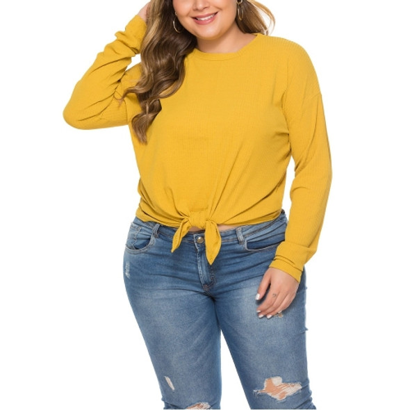 Hem Solid Long-sleeved Loose Knit Top (Color:Yellow Size:XL)