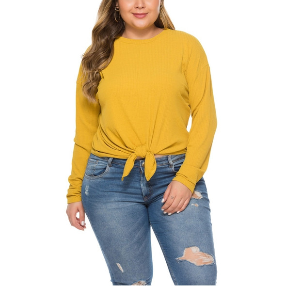 Hem Solid Long-sleeved Loose Knit Top (Color:Yellow Size:XL)