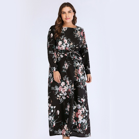 Plus Size Women Printed Long Sleeve Round Neck Dress (Color:Black Size:XXL)