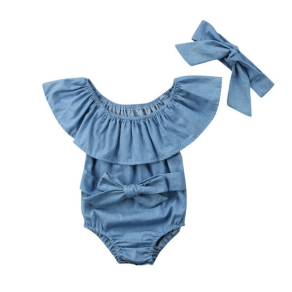 Female Babies Denim Lotus Leaf Collar Of Shoulder Jumpsuits Triangle Romper + Bow-knot Tie Set, Kid Size:90CM(Light Blue)