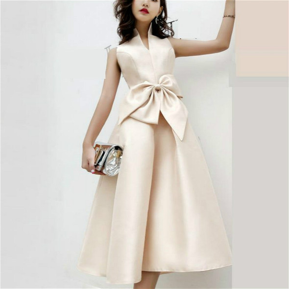 Elegant Bow Stand Collar Long Section Banquet Ladies Evening Dress, Size:XS(Champagne)