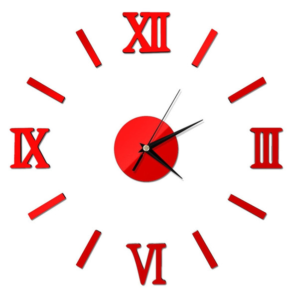 Modern DIY Indoor Roman Wall Clock Mirror Effect 3D Wall Sticker(Red)