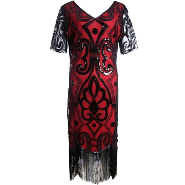 Women Tassel Sequin Beaded Dress (Color:Red Size:L)