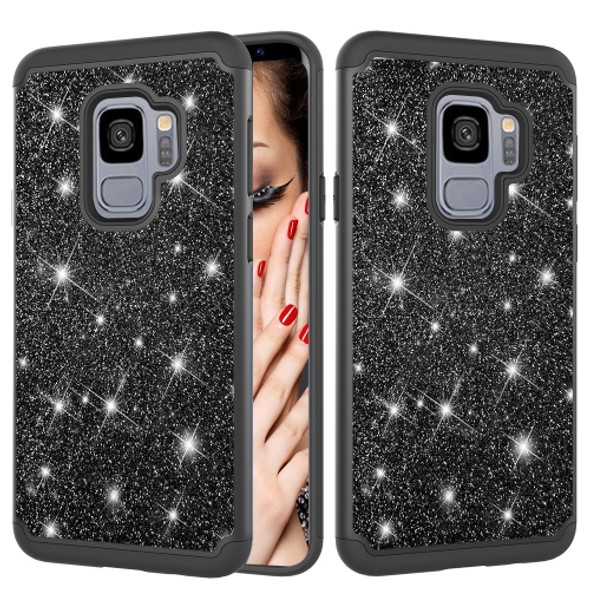 Glitter Powder Contrast Skin Shockproof Silicone + PC Protective Case for Galaxy S9 (Black)