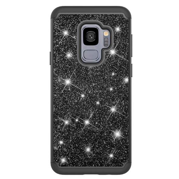 Glitter Powder Contrast Skin Shockproof Silicone + PC Protective Case for Galaxy S9 (Black)