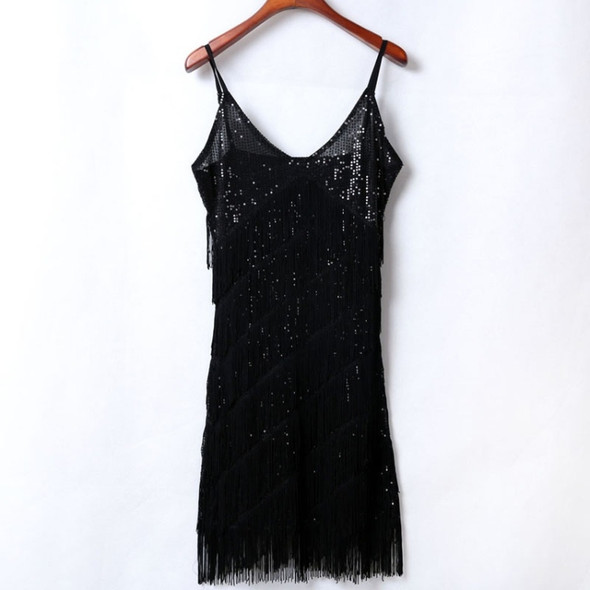 Women Strap Sequin Fringe Dress (Color:Black Size:One Size)