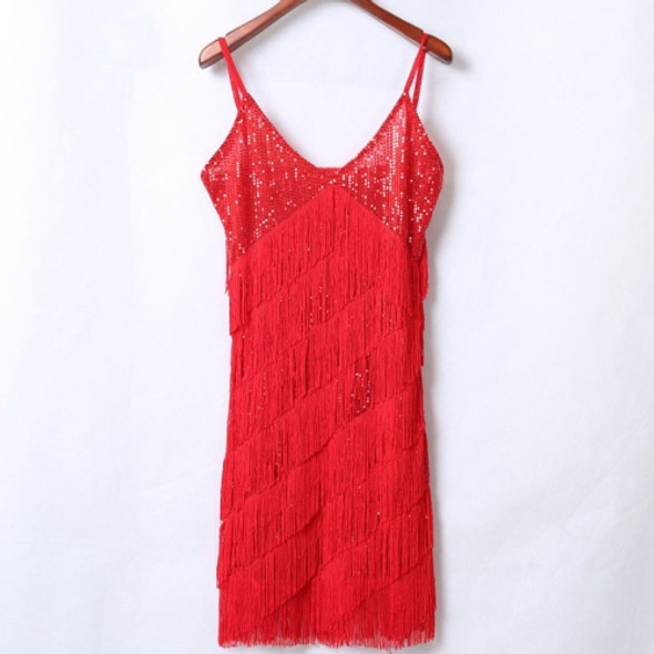 Women Strap Sequin Fringe Dress (Color:Red Size:One Size)