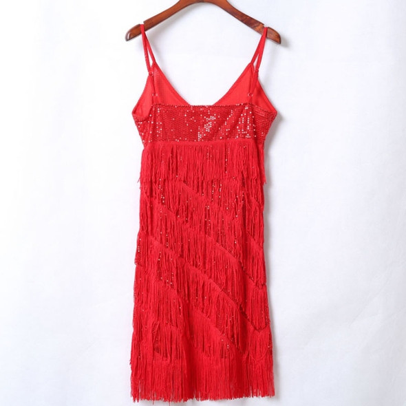 Women Strap Sequin Fringe Dress (Color:Red Size:One Size)