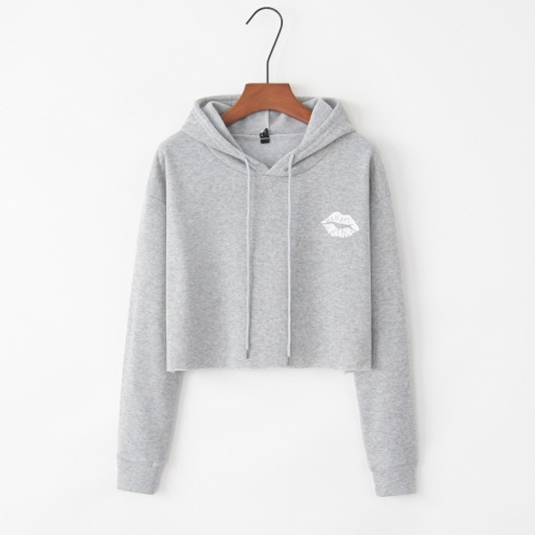 Lips Letter Printed Navel Long Sleeve Hoodie (Color:Light Grey Size:M)